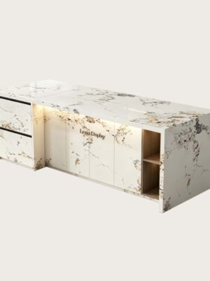 Wholesale Pandora White Slate Waterfall Kitchen Island with LED Ambient Light | L-Shaped Storage Counter Table for Luxury Home Bar & Wine Cellar