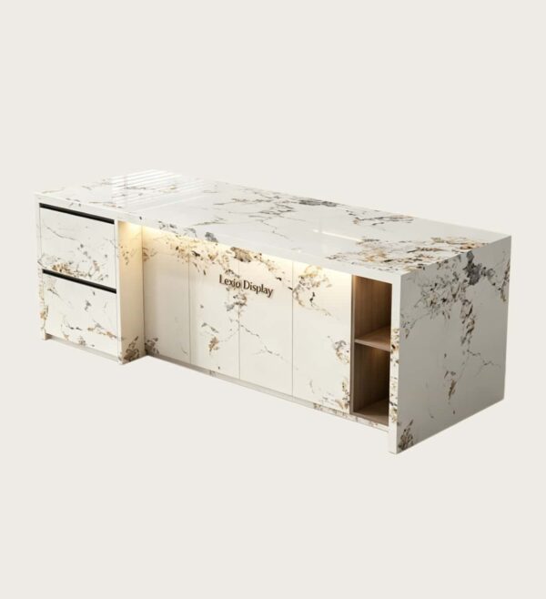 Wholesale Pandora White Slate Waterfall Kitchen Island with LED Ambient Light | L-Shaped Storage Counter Table for Luxury Home Bar & Wine Cellar