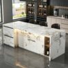 Wholesale Pandora White Slate Waterfall Kitchen Island with LED Ambient Light | L-Shaped Storage Counter Table for Luxury Home Bar & Wine Cellar