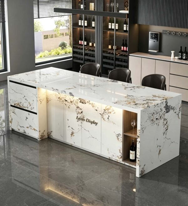 Wholesale Pandora White Slate Waterfall Kitchen Island with LED Ambient Light | L-Shaped Storage Counter Table for Luxury Home Bar & Wine Cellar