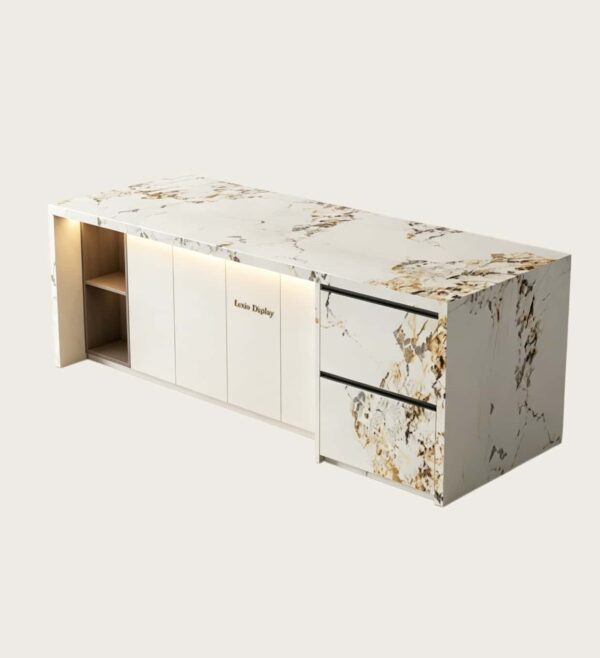 Wholesale Pandora White Slate Waterfall Kitchen Island with LED Ambient Light | L-Shaped Storage Counter Table for Luxury Home Bar & Wine Cellar