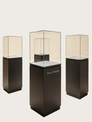museum display cabinet (10) Frameless ultra-clear glass display case with matte dark square pedestal Lexio Display for sculpture and stone artwork exhibition