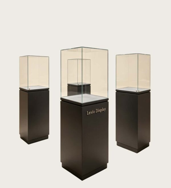 museum display cabinet (10) Frameless ultra-clear glass display case with matte dark square pedestal Lexio Display for sculpture and stone artwork exhibition
