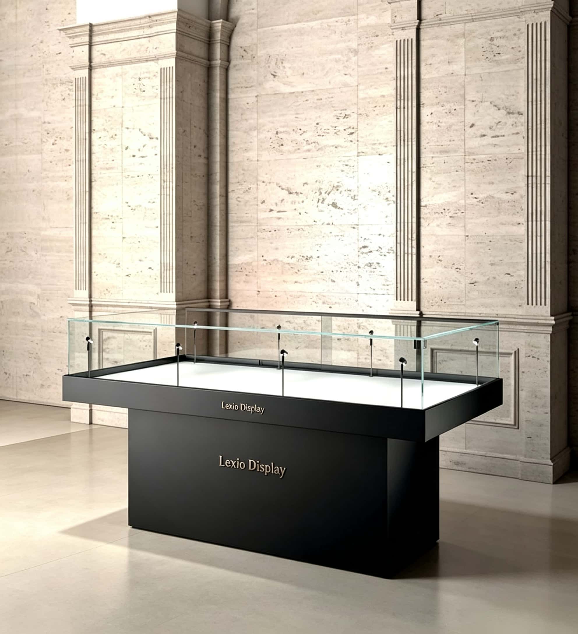 Matte black low island glass display case with white interior and built-in spotlights Lexio Display for museum artifacts, jewelry and luxury goods exhibition