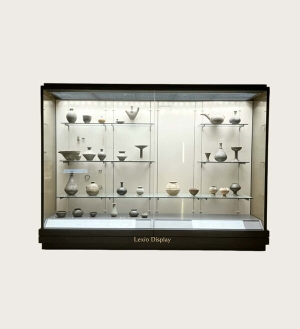 museum display cabinet (10) Black frame wall-back museum glass display case with suspended adjustable glass shelves and top LED lighting Lexio Display for pottery artifact exhibition