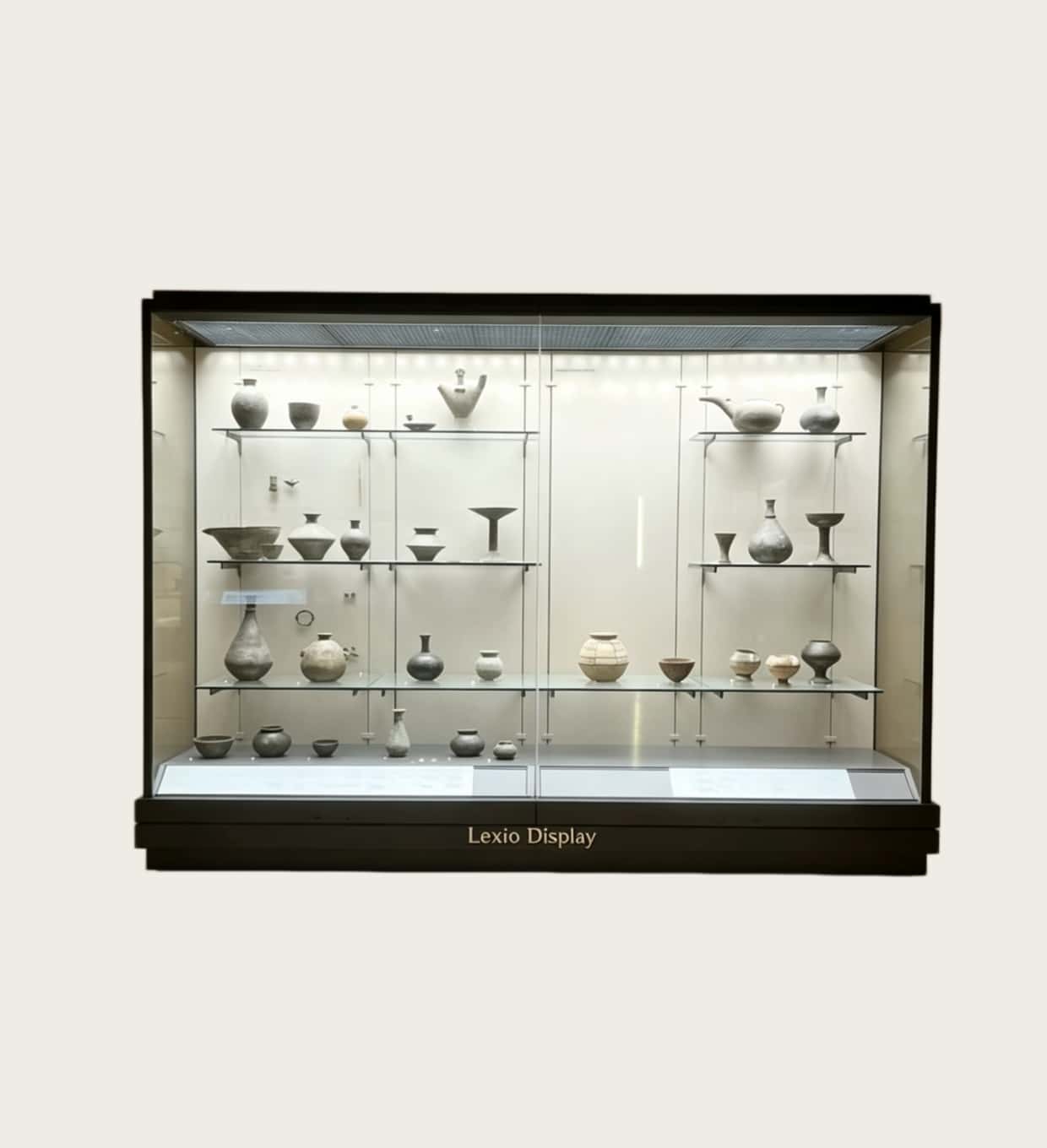Black frame wall-back museum glass display case with suspended adjustable glass shelves and top LED lighting Lexio Display for pottery artifact exhibition