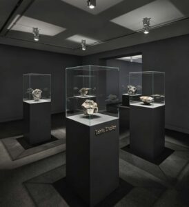 Frameless ultra-clear glass display case with matte dark square pedestal Lexio Display for sculpture and stone artwork exhibition