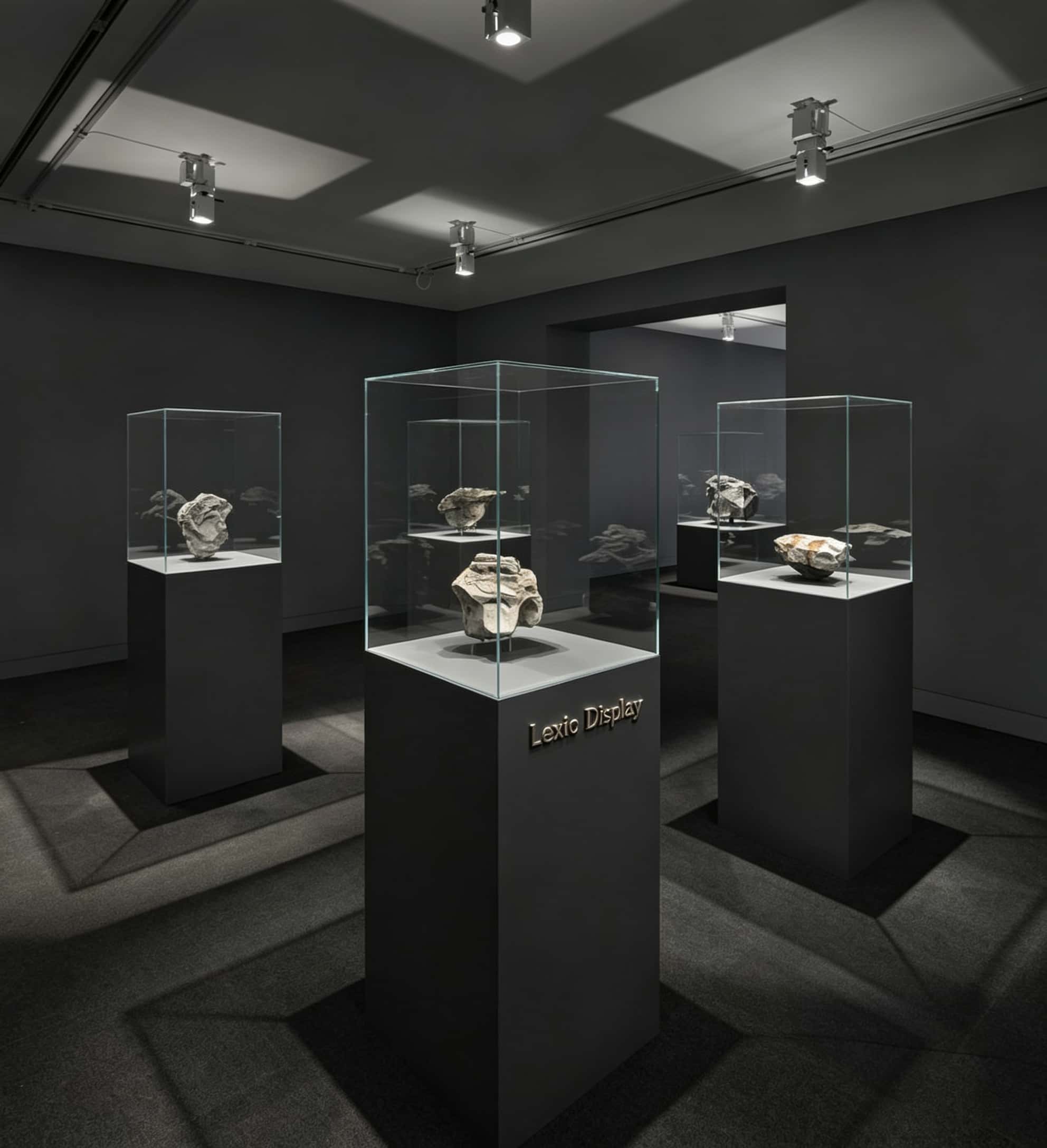 Frameless ultra-clear glass display case with matte dark square pedestal Lexio Display for sculpture and stone artwork exhibition