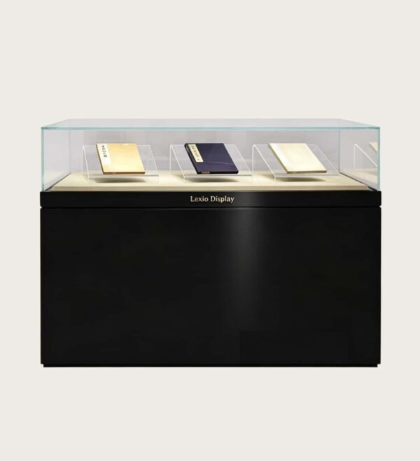 museum display cabinet (11) Low profile horizontal glass museum display case with matte black base Lexio Display for manuscripts, books and cultural artifact exhibition