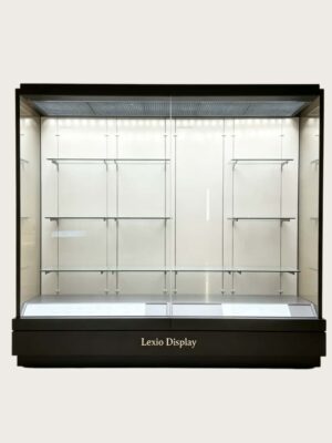 museum display cabinet (11) Black frame wall-back museum glass display case with suspended adjustable glass shelves and top LED lighting Lexio Display for pottery artifact exhibition