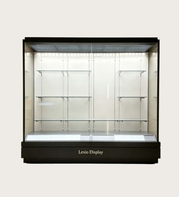 museum display cabinet (11) Black frame wall-back museum glass display case with suspended adjustable glass shelves and top LED lighting Lexio Display for pottery artifact exhibition