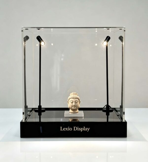 Square clear acrylic display box with adjustable upright LED spotlights and gloss black base Lexio Display for sculpture, antiques and collectibles exhibition