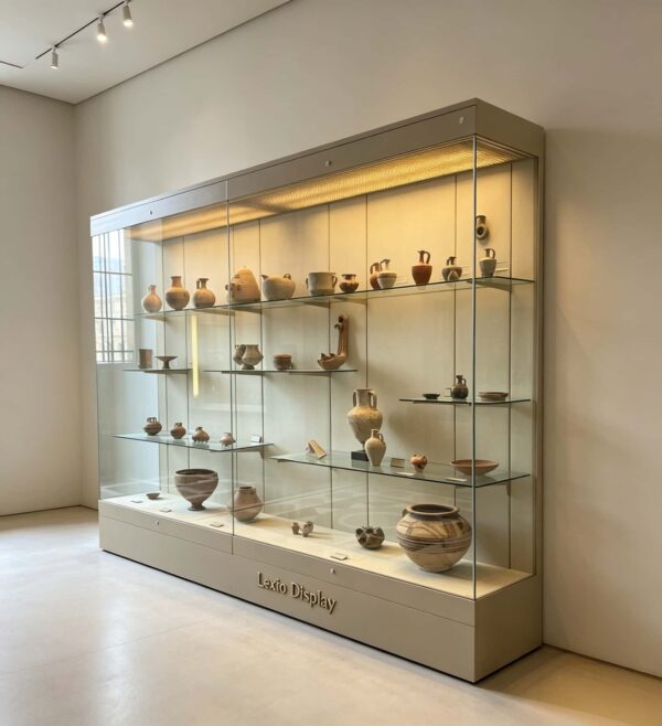 museum display cabinet (12) Long wall‑back museum glass display case with adjustable shelves and recessed top LED lighting Lexio Display for gallery artifact exhibition