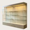 museum display cabinet (13) Long wall‑back museum glass display case with adjustable shelves and recessed top LED lighting Lexio Display for gallery artifact exhibition