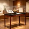museum display cabinet (13) Freestanding museum display case with solid wood legs, clear glass enclosure and black top Lexio Display for pottery, antique books and cultural relic exhibition