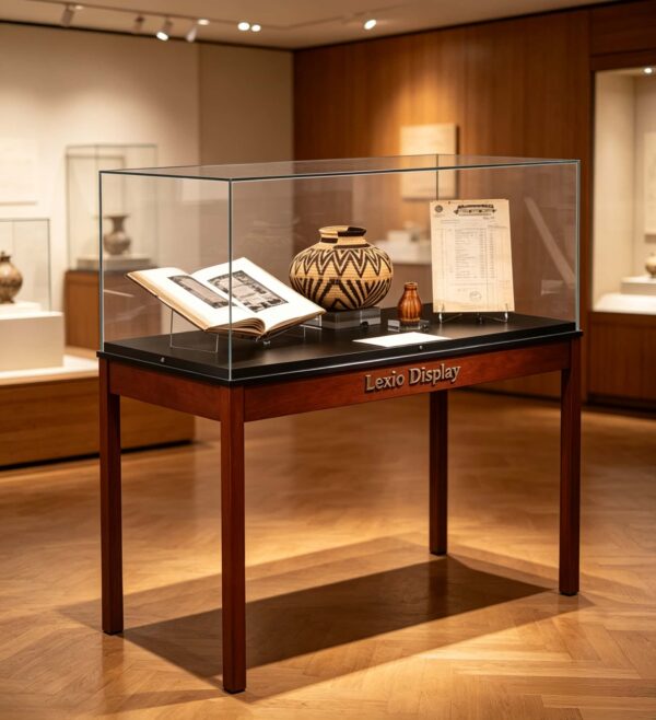 museum display cabinet (13) Freestanding museum display case with solid wood legs, clear glass enclosure and black top Lexio Display for pottery, antique books and cultural relic exhibition