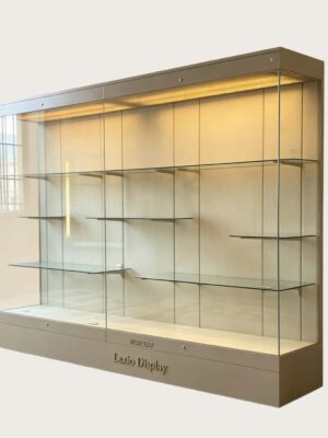 museum display cabinet (13) Long wall‑back museum glass display case with adjustable shelves and recessed top LED lighting Lexio Display for gallery artifact exhibition