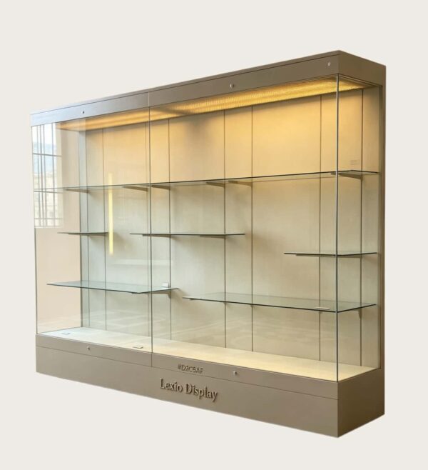 museum display cabinet (13) Long wall‑back museum glass display case with adjustable shelves and recessed top LED lighting Lexio Display for gallery artifact exhibition