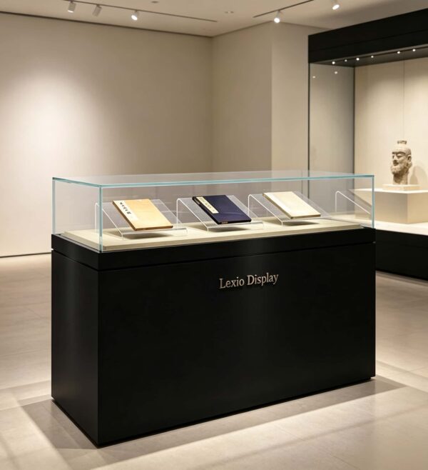 museum display cabinet (14) Low profile horizontal glass museum display case with matte black base Lexio Display for manuscripts, books and cultural artifact exhibition