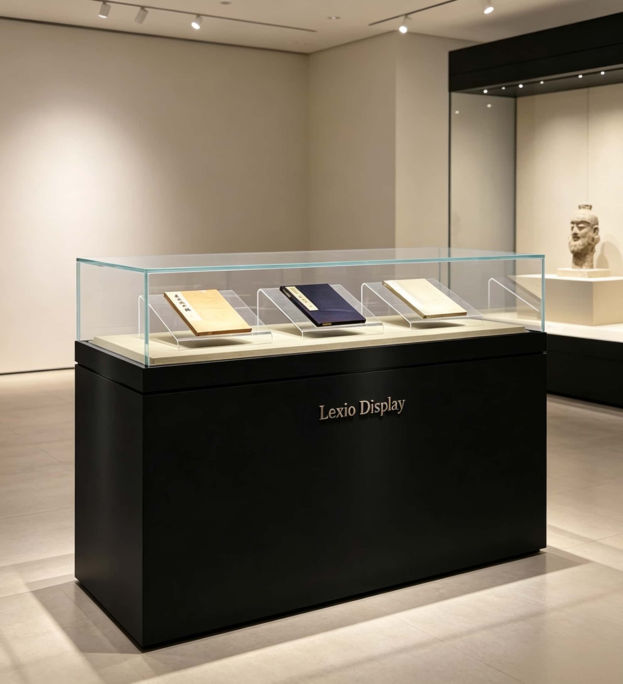 Low profile horizontal glass museum display case with matte black base Lexio Display for manuscripts, books and cultural artifact exhibition