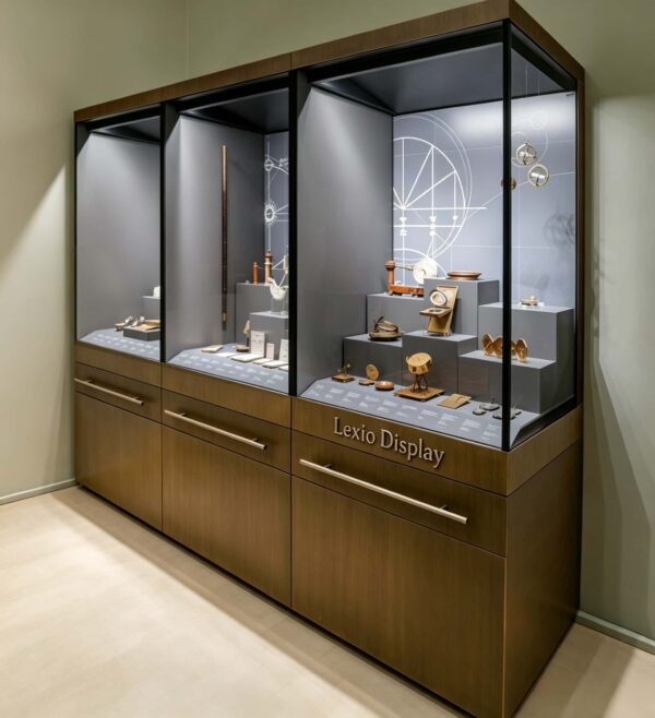 museum display cabinet (14) Wood veneer multi‑compartment museum display case with drawer storage base adjustable glass shelves Lexio Display for cultural relic exhibition