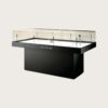 Matte black low island glass display case with white interior and built-in spotlights Lexio Display for museum artifacts, jewelry and luxury goods exhibition