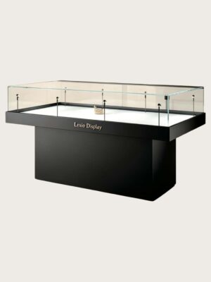 museum display cabinet (15) Matte black low island glass display case with white interior and built-in spotlights Lexio Display for museum artifacts, jewelry and luxury goods exhibition