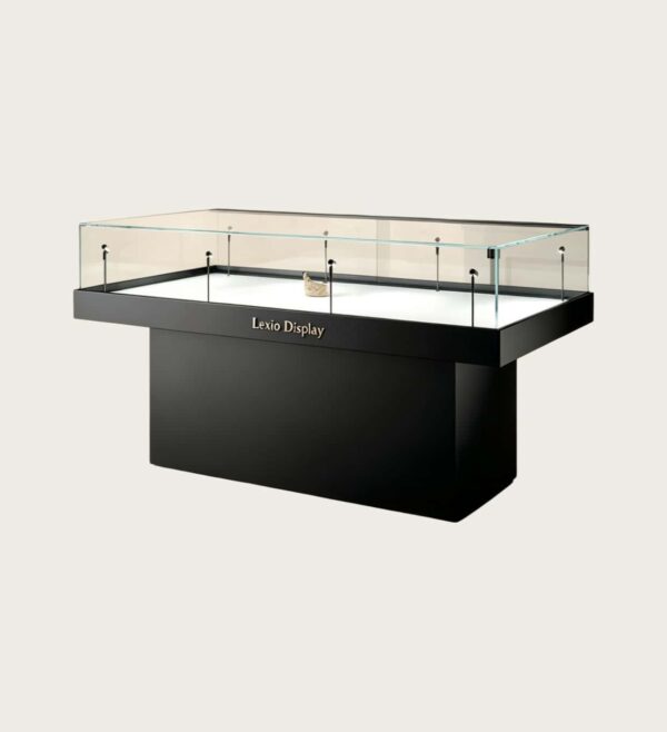 Matte black low island glass display case with white interior and built-in spotlights Lexio Display for museum artifacts, jewelry and luxury goods exhibition