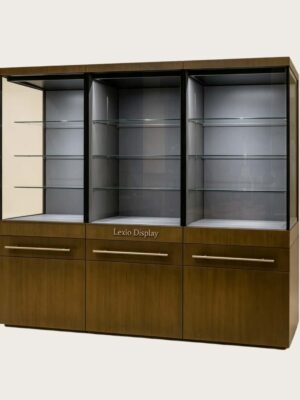 museum display cabinet (15) Wood veneer multi‑compartment museum display case with drawer storage base adjustable glass shelves Lexio Display for cultural relic exhibition