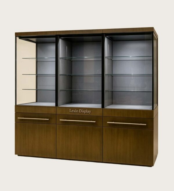 museum display cabinet (15) Wood veneer multi‑compartment museum display case with drawer storage base adjustable glass shelves Lexio Display for cultural relic exhibition