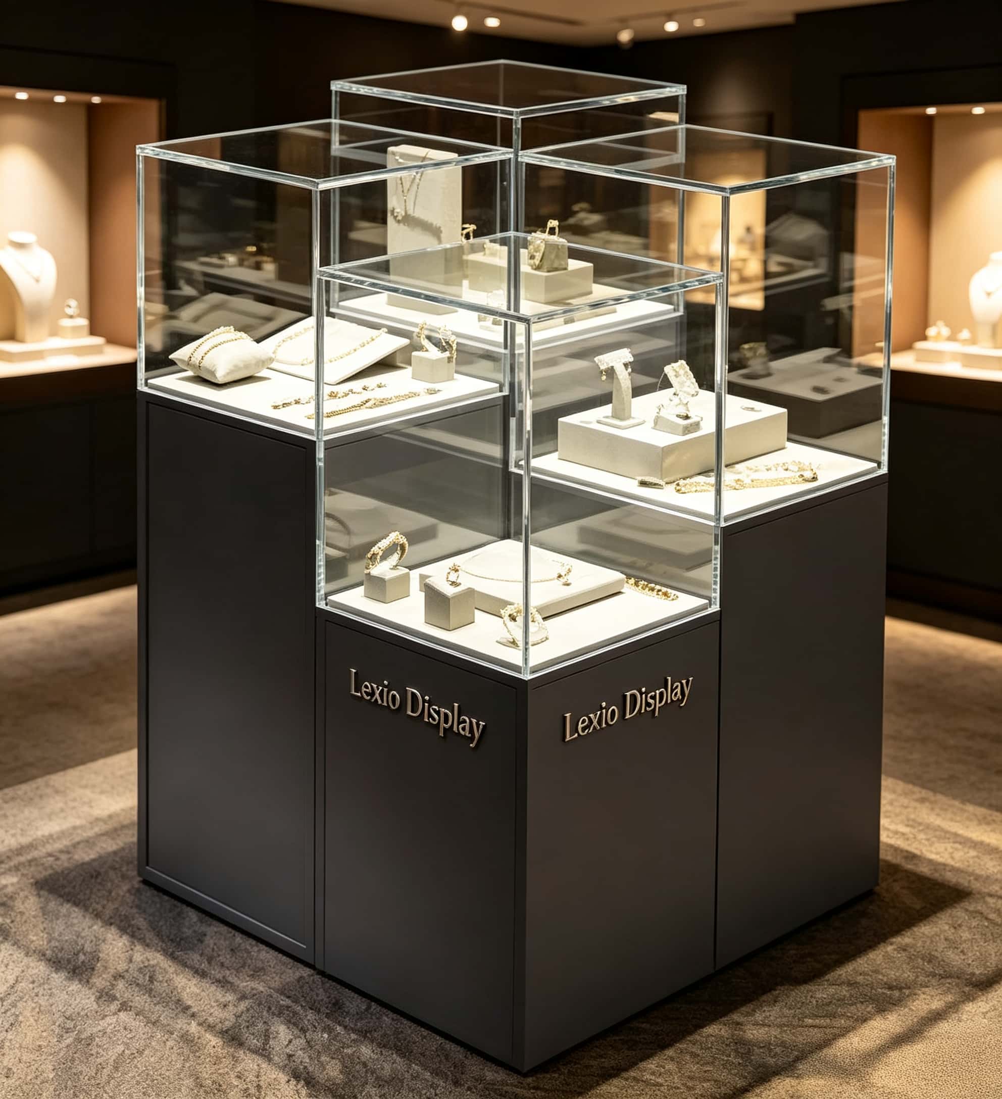Staggered multi-tier frameless glass jewelry island display cabinet with matte dark base Lexio Display for luxury jewellery boutique retail