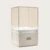 museum display cabinet (2) Freestanding museum glass cube vitrine with white square pedestal base Lexio Display for single ceramic vase and artifact exhibition