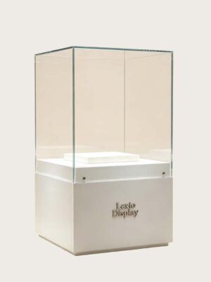 museum display cabinet (2) Freestanding museum glass cube vitrine with white square pedestal base Lexio Display for single ceramic vase and artifact exhibition