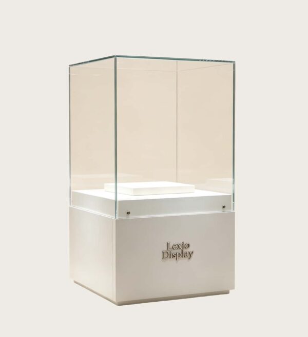 museum display cabinet (2) Freestanding museum glass cube vitrine with white square pedestal base Lexio Display for single ceramic vase and artifact exhibition