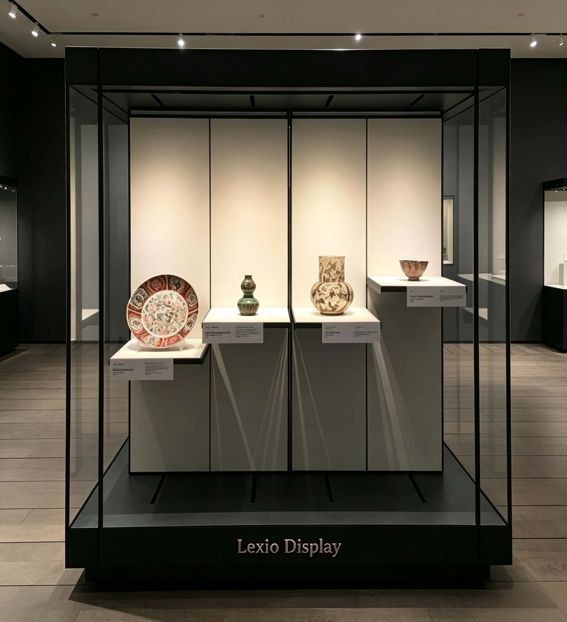 Freestanding glass museum display case with multi-height tiered platforms and black frame Lexio Display for ceramics, pottery and antique artifact exhibition