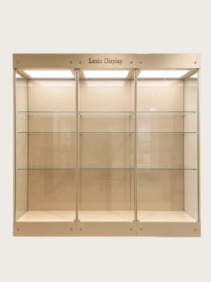 museum display cabinet (2) Light beige triple-bay wall museum glass display case with independent compartments and top panel LED lighting Lexio Display for sculpture and antiquities exhibition