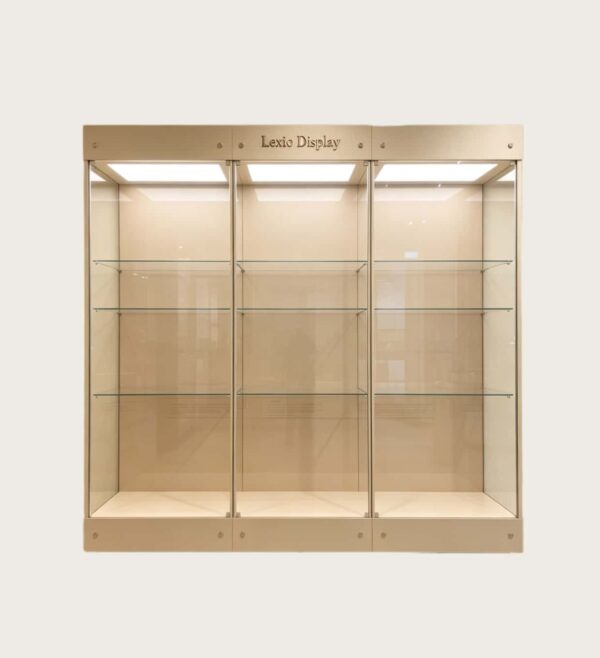 museum display cabinet (2) Light beige triple-bay wall museum glass display case with independent compartments and top panel LED lighting Lexio Display for sculpture and antiquities exhibition