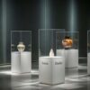 museum display cabinet (3) Freestanding museum glass cube vitrine with white square pedestal base Lexio Display for single ceramic vase and artifact exhibition