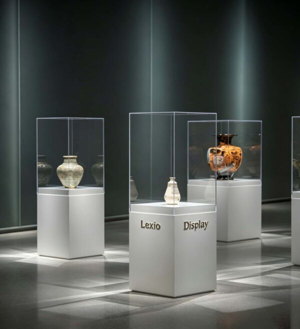 museum display cabinet (3) Freestanding museum glass cube vitrine with white square pedestal base Lexio Display for single ceramic vase and artifact exhibition