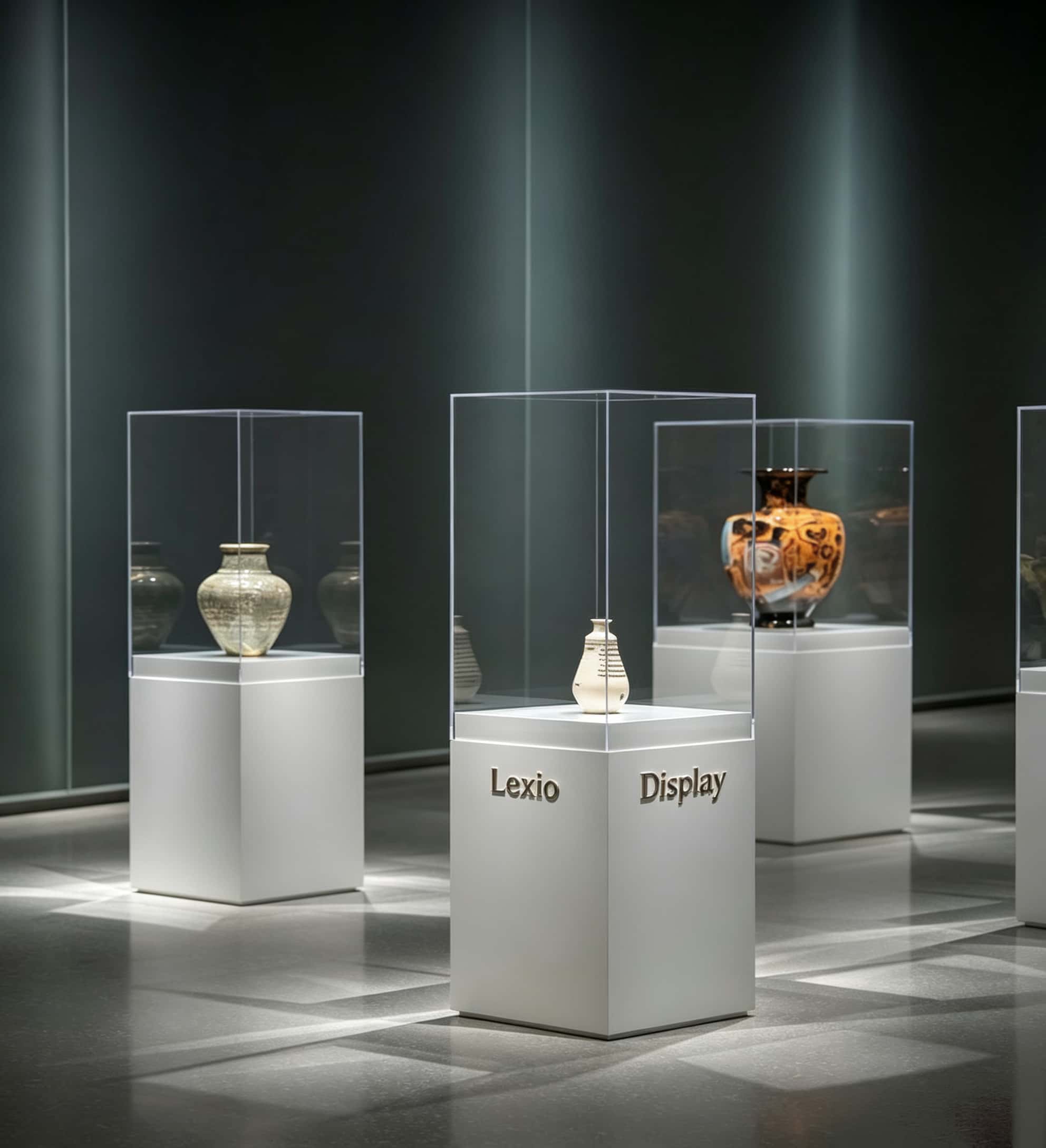 Freestanding museum glass cube vitrine with white square pedestal base Lexio Display for single ceramic vase and artifact exhibition