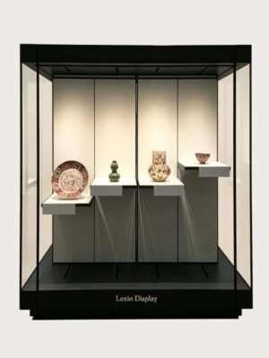 museum display cabinet (3) Freestanding glass museum display case with multi-height tiered platforms and black frame Lexio Display for ceramics, pottery and antique artifact exhibition