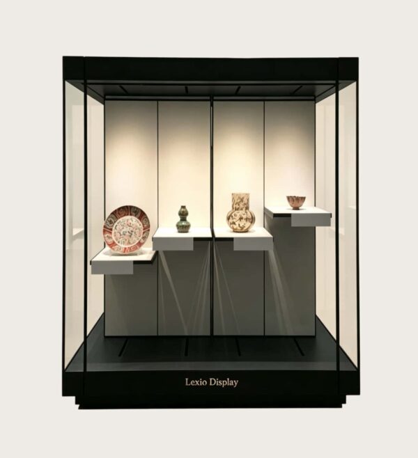 museum display cabinet (3) Freestanding glass museum display case with multi-height tiered platforms and black frame Lexio Display for ceramics, pottery and antique artifact exhibition