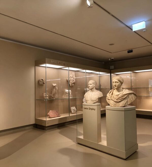 museum display cabinet (3) Light beige triple-bay wall museum glass display case with independent compartments and top panel LED lighting Lexio Display for sculpture and antiquities exhibition