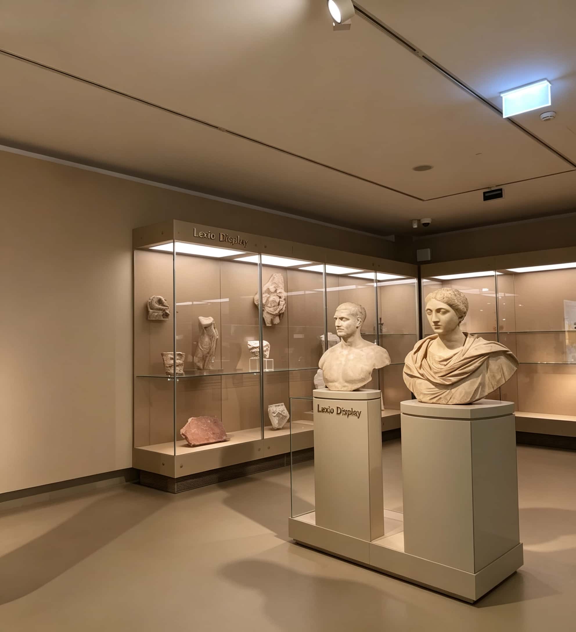 Light beige triple-bay wall museum glass display case with independent compartments and top panel LED lighting Lexio Display for sculpture and antiquities exhibition