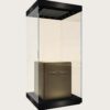 museum display cabinet (4) Tall freestanding museum display vitrine with black top frame and built-in ceiling LED lights Lexio Display for pottery and antique artifact exhibition