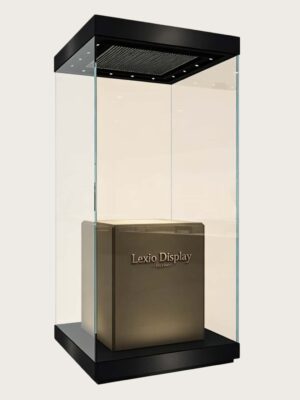 museum display cabinet (4) Tall freestanding museum display vitrine with black top frame and built-in ceiling LED lights Lexio Display for pottery and antique artifact exhibition