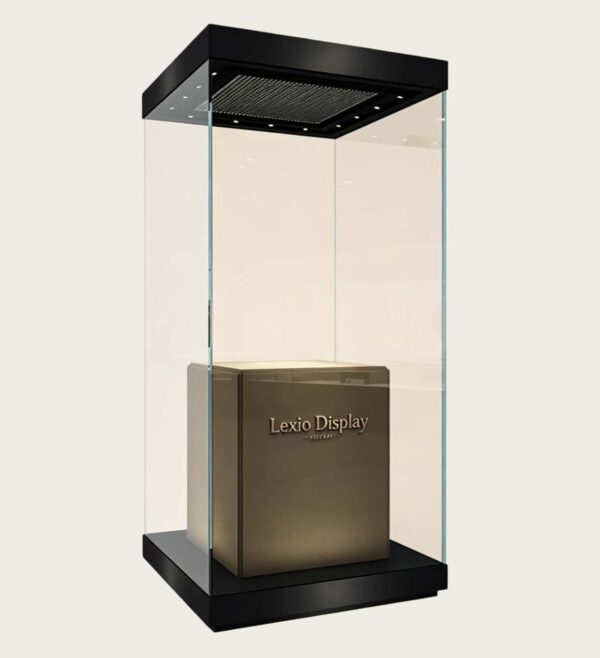 museum display cabinet (4) Tall freestanding museum display vitrine with black top frame and built-in ceiling LED lights Lexio Display for pottery and antique artifact exhibition