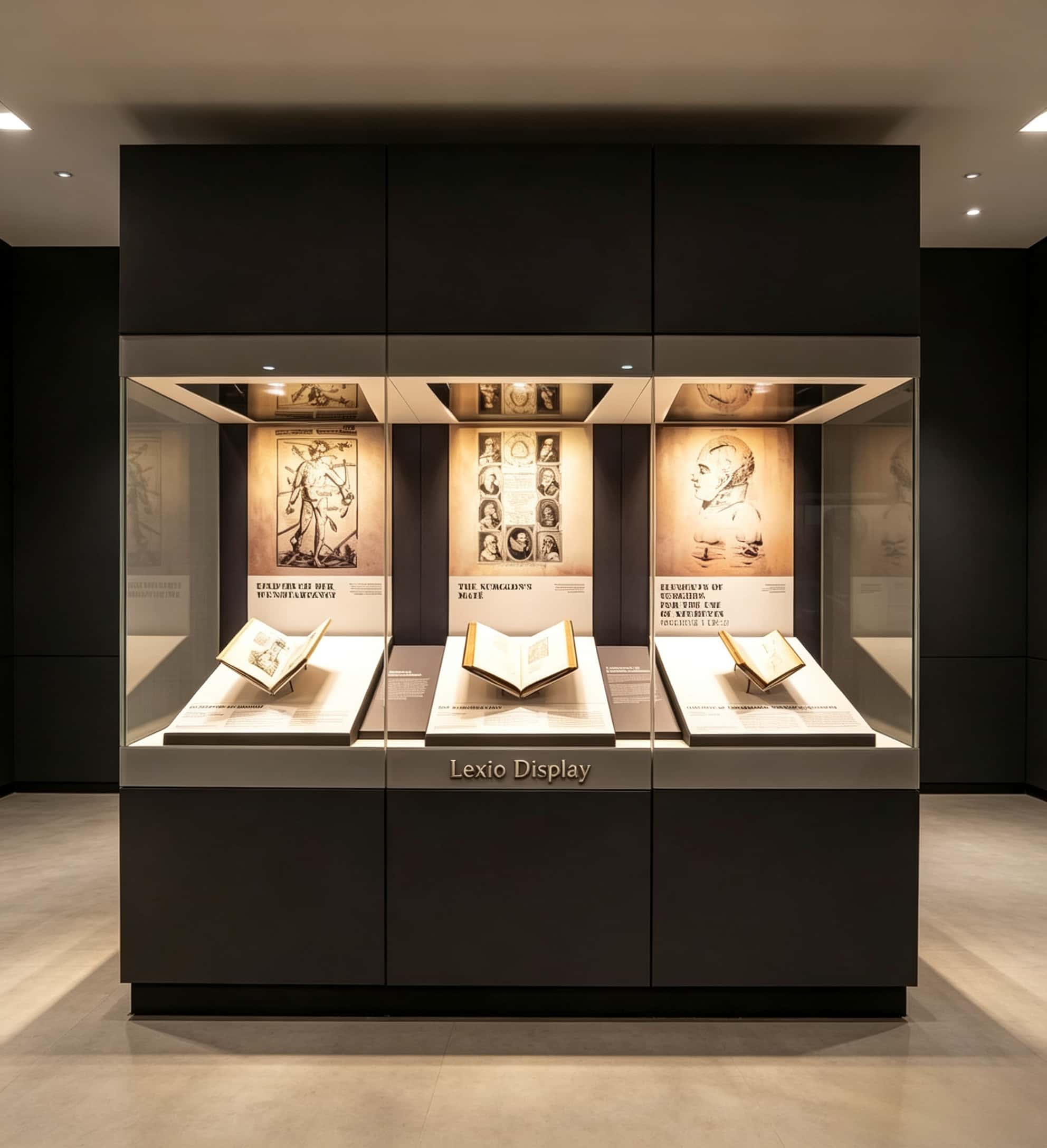 Three-unit integrated wall museum display case with built-in LED lights Lexio Display for antique books, manuscripts and historical print exhibition