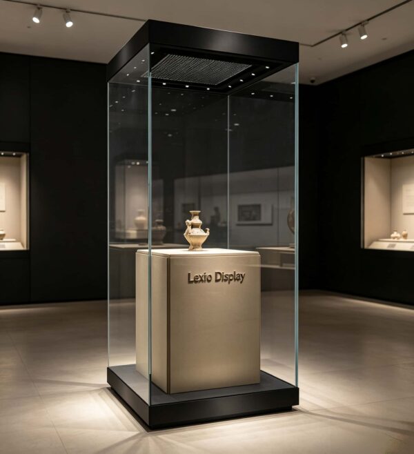 museum display cabinet (5) Tall freestanding museum display vitrine with black top frame and built-in ceiling LED lights Lexio Display for pottery and antique artifact exhibition