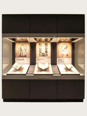 museum display cabinet (5) Three-unit integrated wall museum display case with built-in LED lights Lexio Display for antique books, manuscripts and historical print exhibition